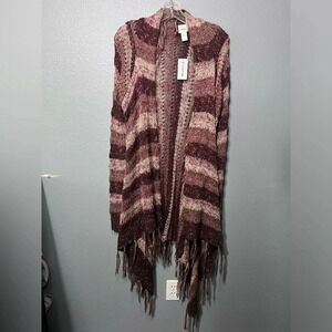 NWT Buckle Women's Sz M Daytrip Open Fringed Cardigan Sweater Wine/Beige Striped
